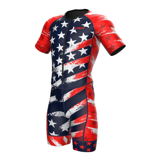 Sparx Mens Triathlon Suit - US Flag Aero Triathlon Suit Men - Short Sleeve Anchors Tri Suit Racesuit